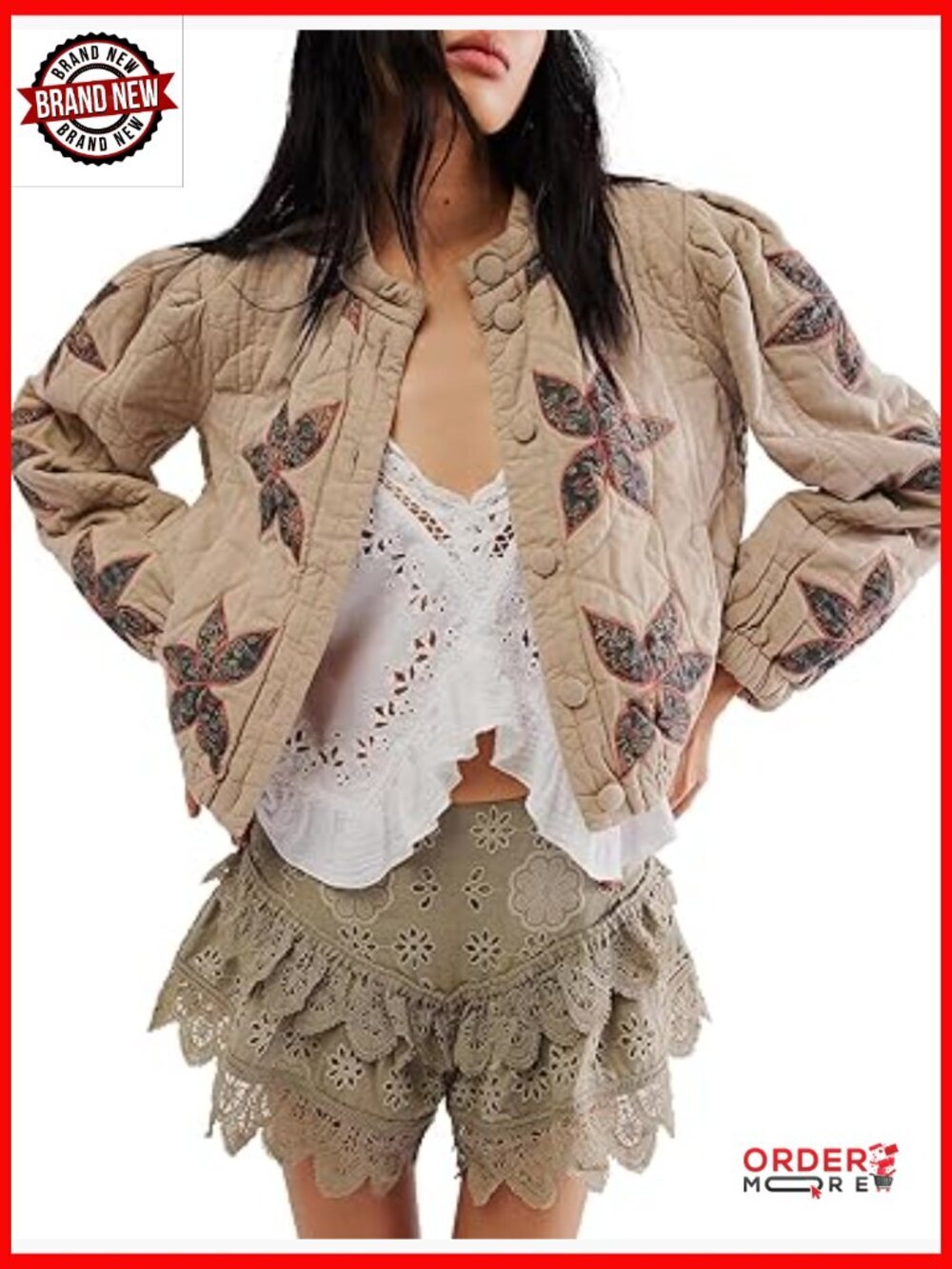 Cropped Button Down Puffer Jacket Winter Warm Lightweight Floral Quilted Coat